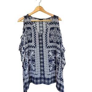 TOLANI blue white geometric print cold shoulder hanky 100% silk top blouse